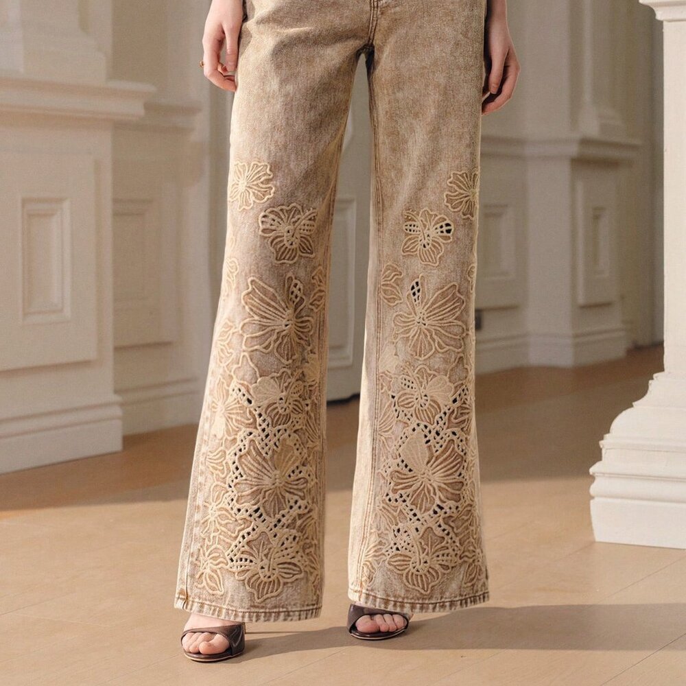 Khaki Boho Women's High Waist Embroidered Pants - Picture 4 of 6